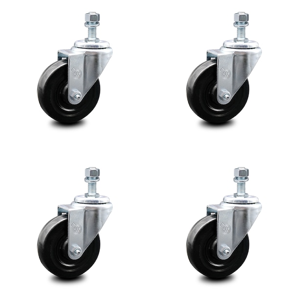 4 Inch Hard Rubber Wheel Swivel 1/2 Inch Threaded Stem Caster Set